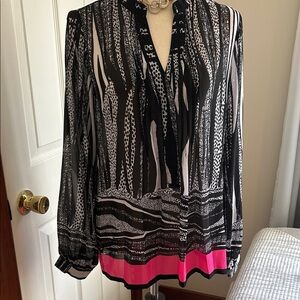 Rose & Olive Black and White Printed Blouse with Pink Border